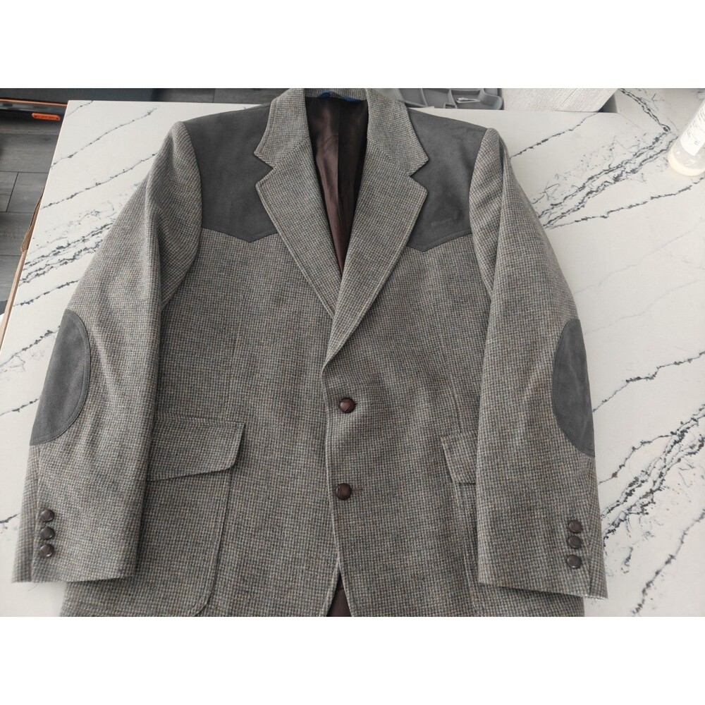 Vintage PENDLETON Wool Blazer Mens Size 44 Grey Suede Elbow Patche Western Tweed